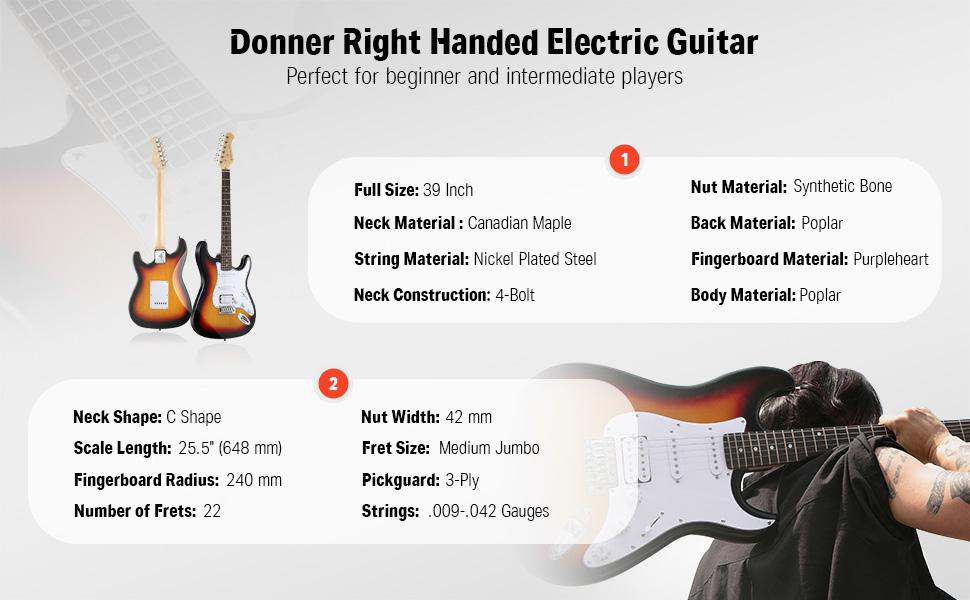 Donner DST-100 Full Size Electric Guitar Kit with Amplifier 39-Inch Solid Body HSS Pickup Beginner Set