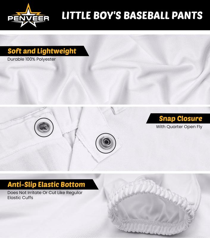 Penveer Pull-Up Youth Baseball Pants, Quarter Open Fly Boys Baseball Pants with Durable Snap & Elastic Bottom, T Ball Pants - (White) Sports Jogger Sweatpants Tracksuit Outfit