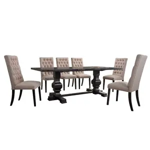 Vintage Black 7-Piece Dining Room Set – Luxury Wood Table with Upholstered Chairs