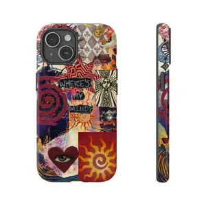 Psychedelic Collage Tough Phone 17 Pro Max Plus Air/16/15/14/13/12/11Case, Vintage Art Patchwork Protective Cover for, Trippy Aesthetic Graphic Design, gift for him for her