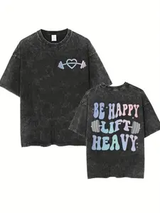 Everything Hurts and I'm Hungry Funny Gym T-Shirt - Vintage Washed Oversized Tee with Weightlifting Design & "BE HAPPY LIFT HEAVY" Slogan, Unisex Workout Shirt for Men & Women, Weightlifting Motivation Apparel for Gym & Casual Wear