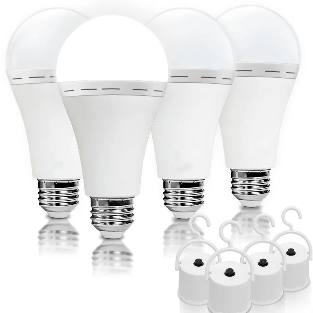 Rechargeable Emergency Light Bulbs 4 Pack A19, Camping Lamp 6000K, 12W (60W Equivalent), 120V, Battery Powered, 1200mAh for Home Power Outage