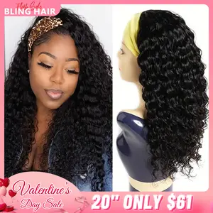 Bling Hair Headband Wig Deep Wave Human Hair For Women Glueless Short Curly Cheap Wig Fall Machine Made Non Lace Brazilian Remy Hair Valentine’s Day