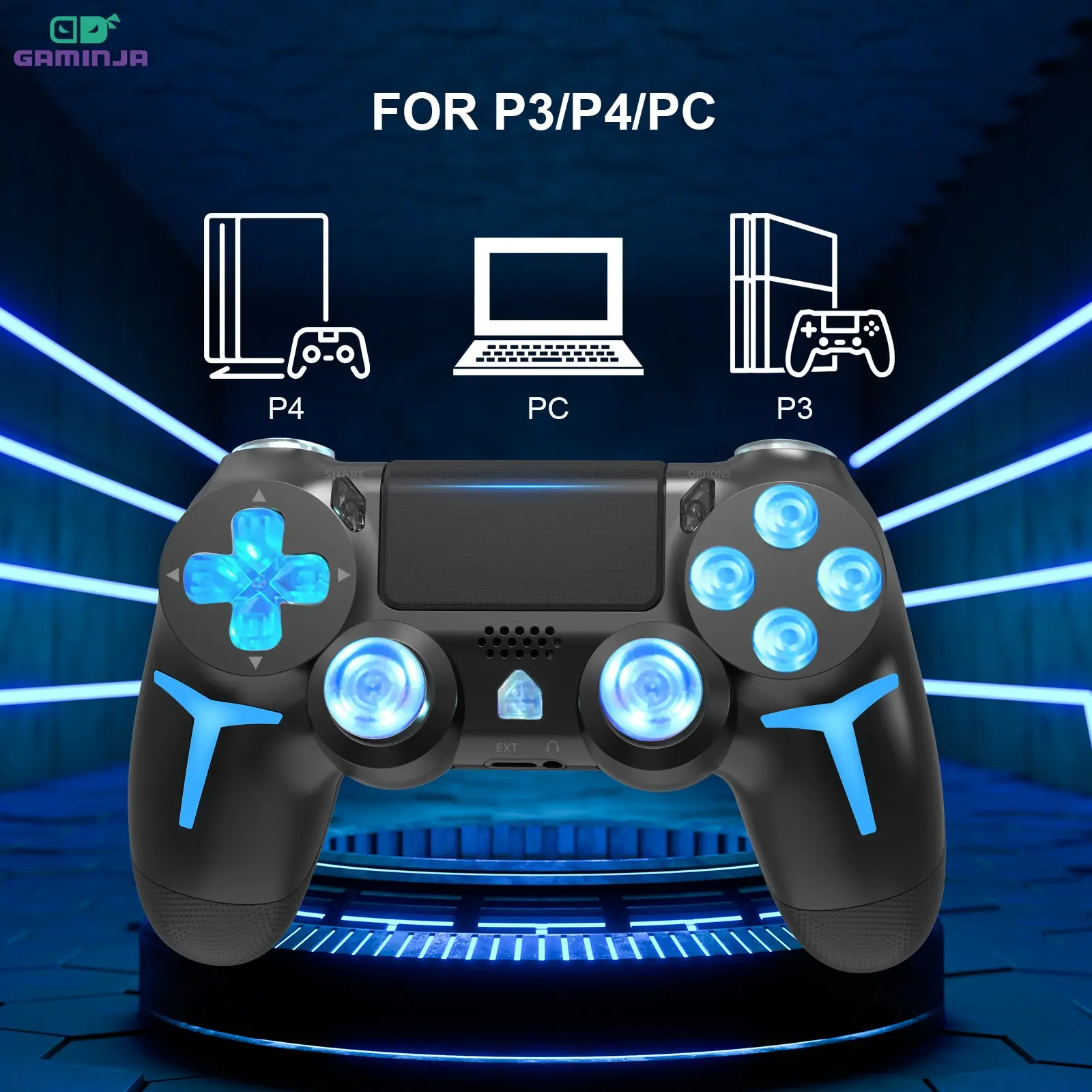 GAMINJA Wireless Controller for P4, Multi Platform Controller, RGB Adjustable Lights, Ergonomic Buttons, Dual Motor Vibration, Long Battery Life, Best Gaming Experience, Gaming Controllers
