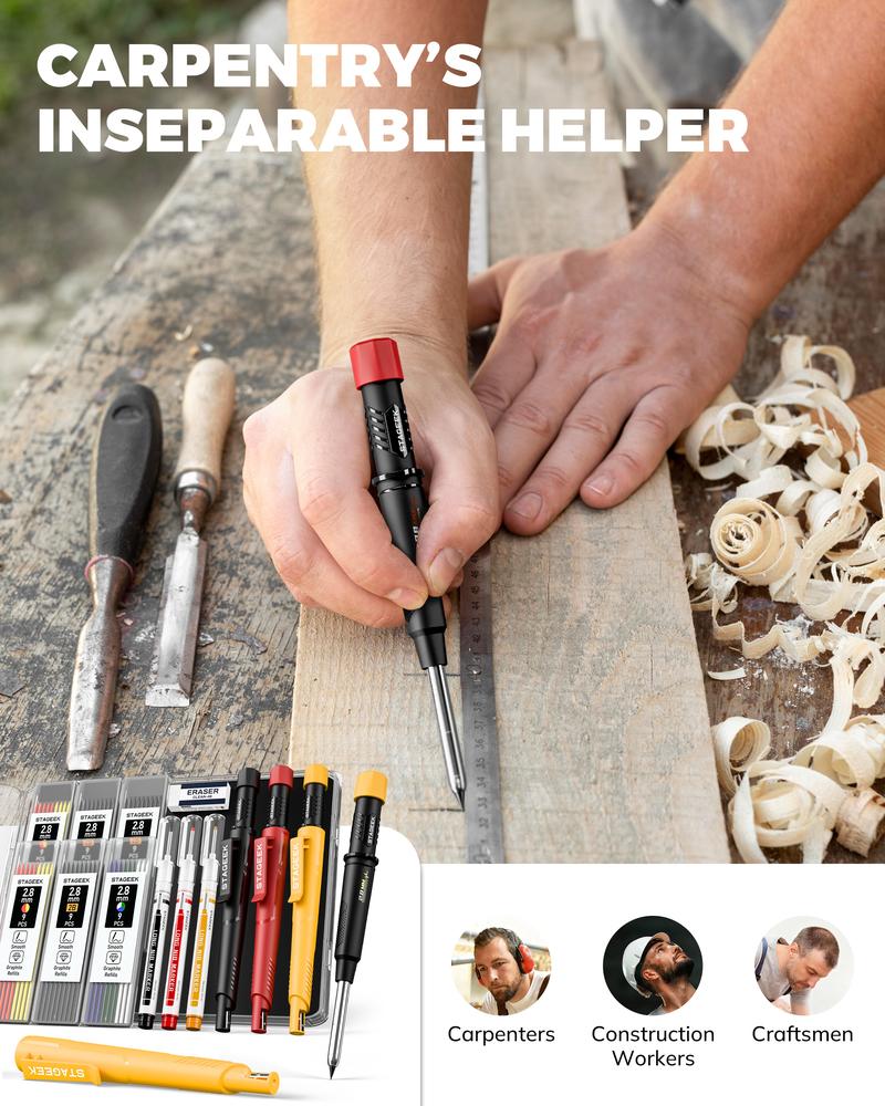 STAGEEK 3 Pack Carpenter Pencils with Sharpener, Mechanical Carpenter Pencils with 57 Refills, construction pencil heavy duty Woodworking Tools, Deep Hole Long Nib Marker Pens for Architect Marking STAGEEK 3 Pack Carpenter Pencils with Sharpener, Mechanical Carpenter Pencils with 57 Refills, construction pencil heavy duty Woodworking Tools, Deep Hole Long Nib Marker Pens for Architect Marking