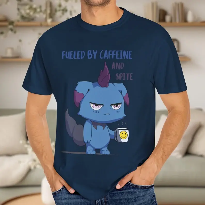 Palworld Depresso Menswear Graphic Print T-Shirt - Loose, Casual Black Funny Meme Tee, "Fueled by Caffeine and Spite" Design, All Seasons Gamer Introvert Coffee Lover Apparel for Men, Women, Baggy, Shortsleeve, Soft