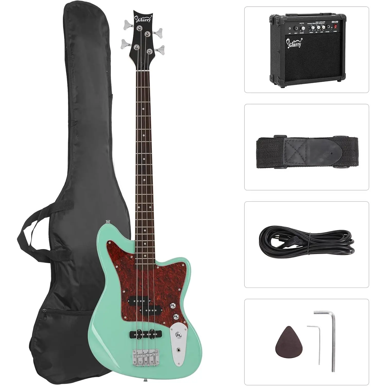 GLARRY 4 String Electric Bass Guitar Beginner Kit w/20w Amp, Red Pearl Guard Full Size Bass with Digital Tuner,Amp Cable, Strap, Bag and Accessories(Mint Green) tiktokshopbacktoschool, Guitar Picks, Travel Bass Guitars & Gear