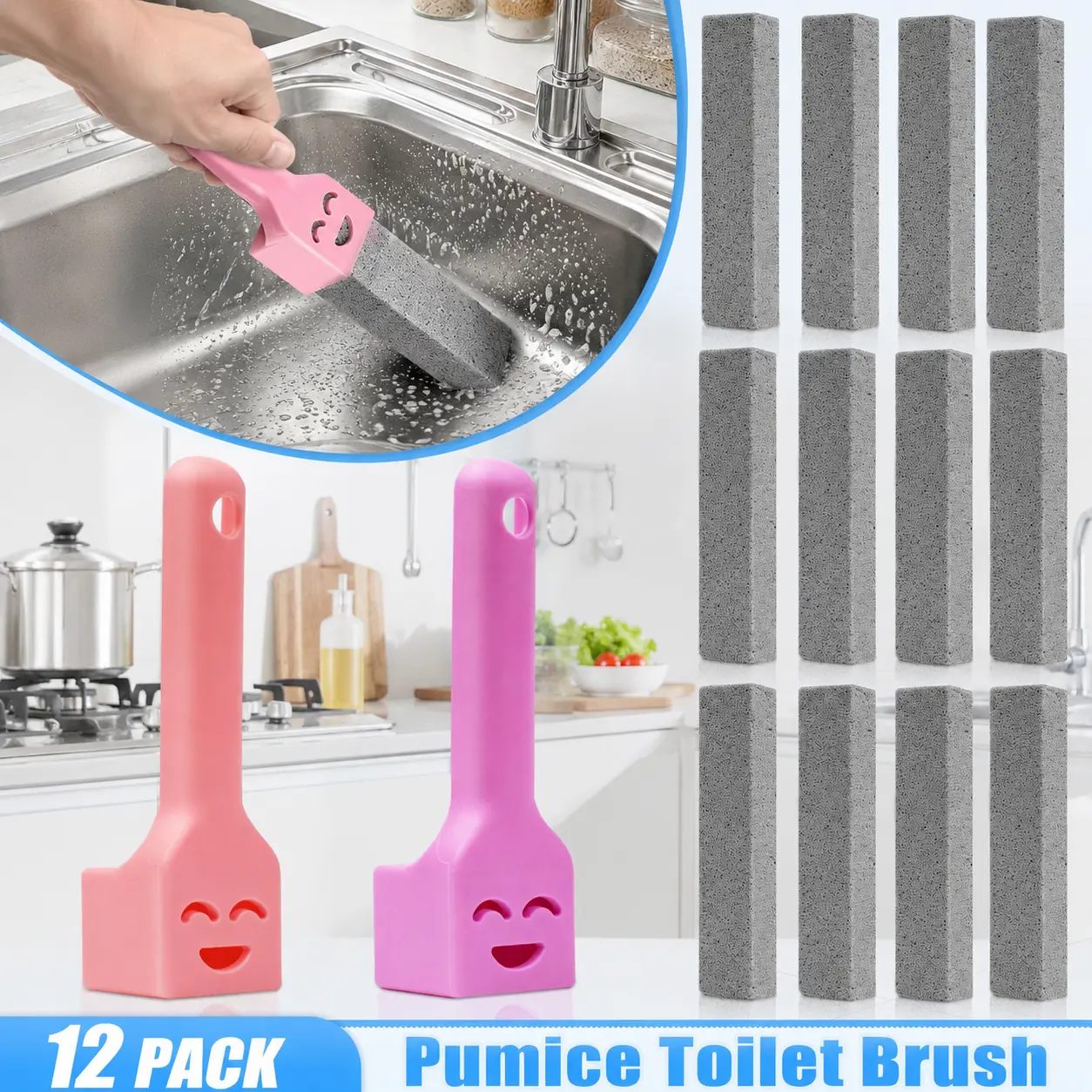 12 Pcs Reusable Abrasive Mineral Pumice Scouring Pads, Gray High-Density Safe Non-Toxic Home Care Supplies, Metal-Safe Scrub for Households & Kitchen Surfaces