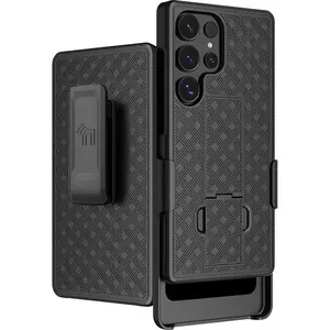 Case with Clip for Samsung Galaxy S25 Ultra 5G Phone, Nakedcellphone Textured Slim Cover with Stand and [Rotating/Ratchet] Belt Hip Holster Holder Combo - Matte Black