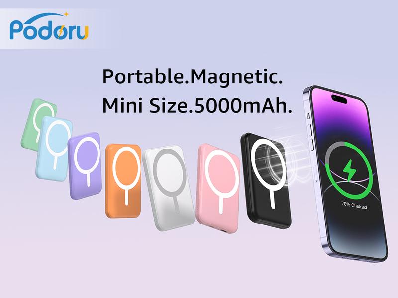 Podoru for MagSafe Battery Pack, 5000mAh Magnetic Power Bank Fast Charging Wireless Portable Charger for iPhone 17/16/15/14/13/12/ All Series