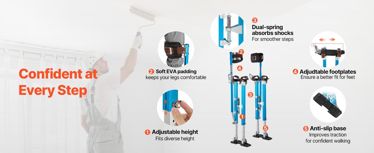 【SummerFinds】VEVOR Drywall Stilts for Painters & Cleaning, Aluminum Sturdy Structure, 24.2-40.3 in Adjustable Height, 228 lbs Load Capacity, Non-Slip Rubber Feet, Dual Spring Shock Absorption, Comfortable Leg Straps, 3-Level Heel Brackets, Blue