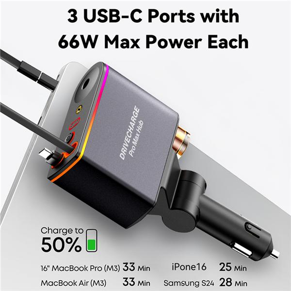 Smart Retractable Car Charger & Air Freshener - 66W Fast Charging with Dual Type-C/Lightning Adapter for All Phones, Starlight Projector Mood Light & Aromatherapy Diffuser,Includes 6 x 10ml Perfumes,Ideal Car Accessories & Christmas Gift for Men