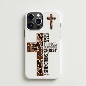 Christian Camo Cross Phone Case with Philippians 4:13-iPhone 17 16 15Pro, 14, 13, 12, 11, 8, XR Mini, Pro Max, Plus Accessories Protection unisex funny