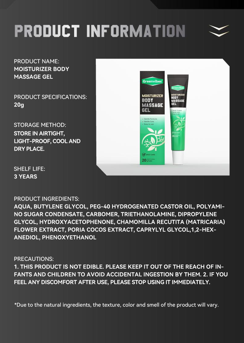 Greenvibes 2 Moisturizer Body Massage Gel Natural Ingredients Gentle Formula Easy to Use