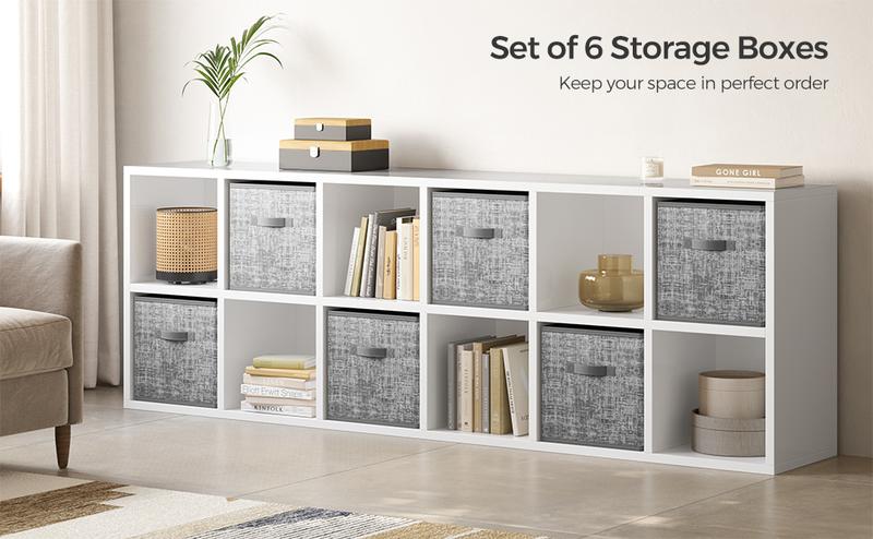 SONGMICS Storage Cubes, Non-Woven Fabric Bins with Double Handles, Set of 6, Closet Organizers for Shelves, Foldable, for Clothes, Cattail Gray Boxes