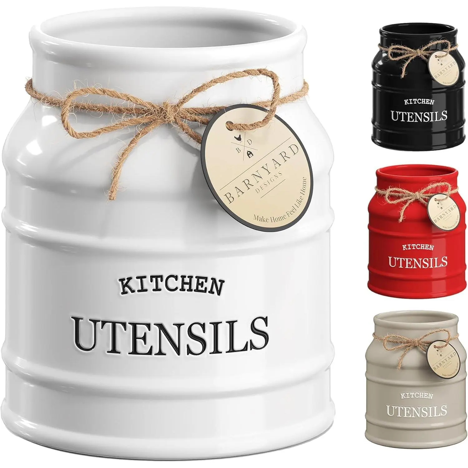 Large Size Ceramic Farmhouse Rustic Look Round Crock Utensil Holder for Kitchen Counter, 6.75 in Countertop Cooking Tool Spatula Organizer (White)