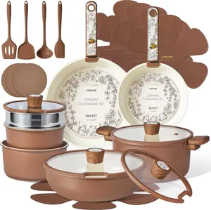 CAROTE 25-Piece Ceramic Cookware Set, Nonstick Pots and Pans Set with Detachable Handle, Non-Toxic Kitchen Cooking Set, Dishwasher & Oven Safe, Induction Compatible, PFAS Free, Chocolate