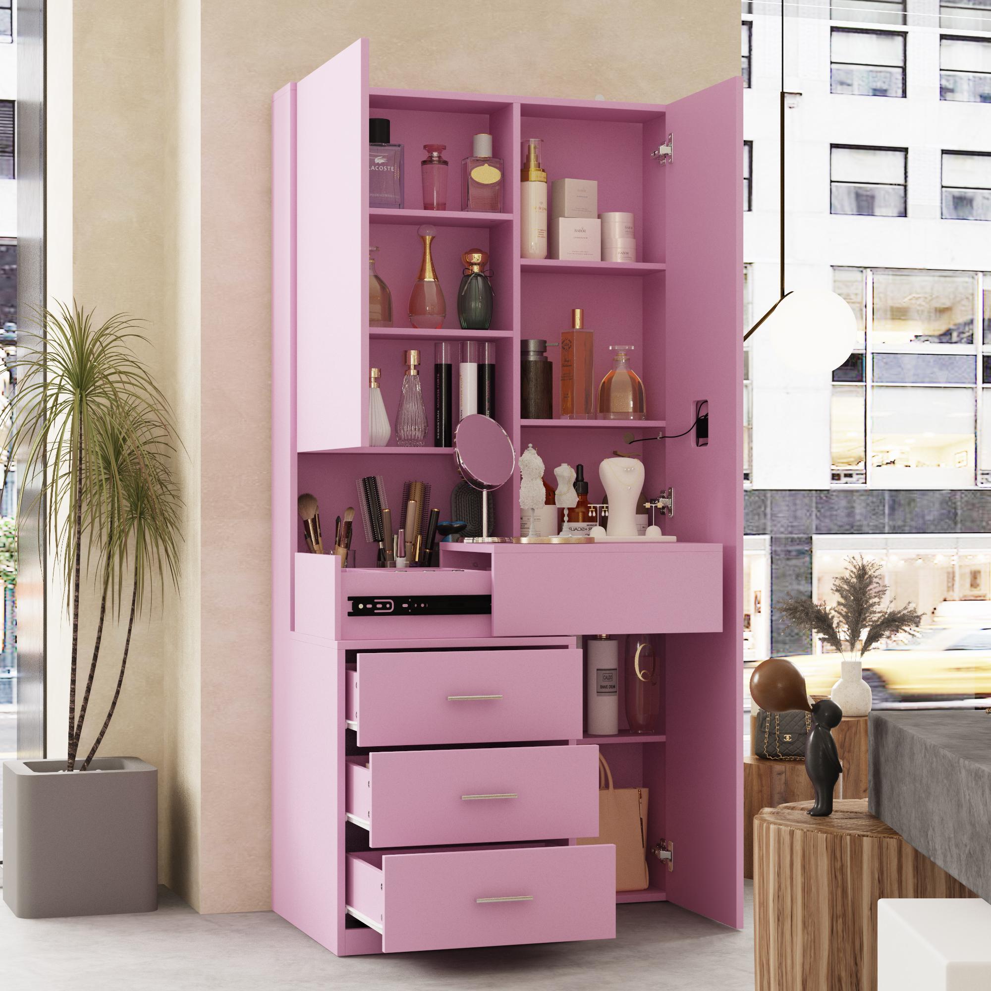 FUFU&GAGA Pink/White/Black Makeup Vanity Desk with Full-length Mirror & 3-Colors Adjustable Lights, 3 Drawers, Sliding Tabletop, Engineered Wood, Generous Storage Capacity