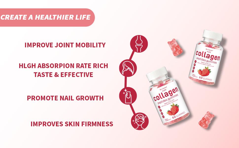 【clearance price】  Re Lierre Collagen Peptide Gummies for Women & Men Sugar-Free 1500mg Protein Types I II III V X 5000mcg Biotin Methylated B12 Vitamins A C D E B8 for Skin Hair Nails Bone 60 Gummies Strawberry flavor and grapefruit flavor