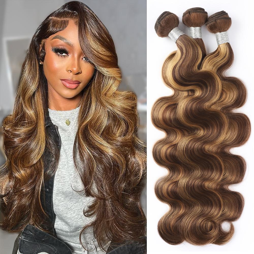Ombre Human Hair Bundles P4/27 Brazilian Body Wave Bundles with 2x6 Closure Sew in #Fb 30 Ombre Brown Hair Bundles for Quick Weave Balayage Highlight Hair Extensions