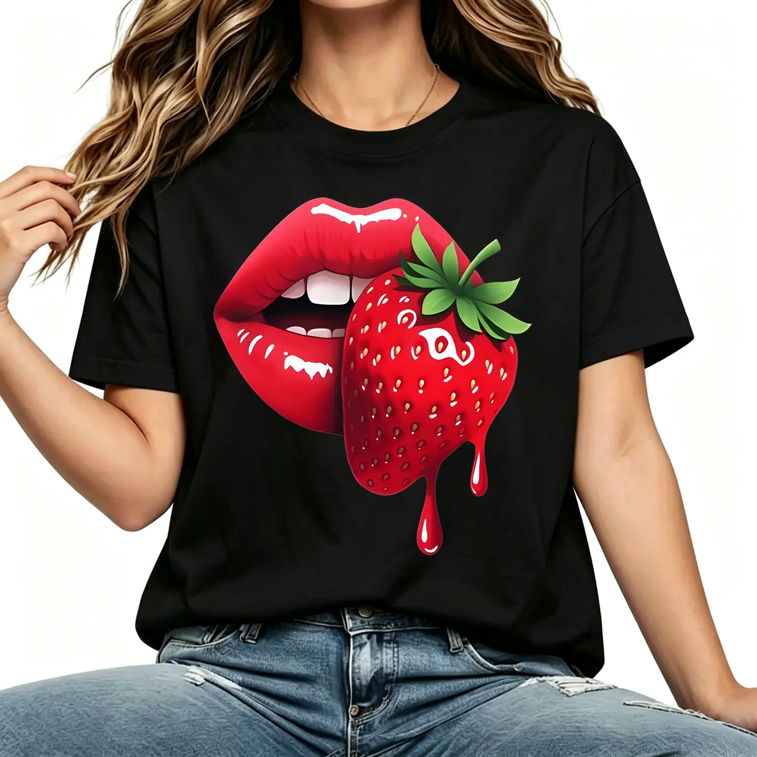 Womens Cotton T Shirt Strawberry Lip Print Tee Casual Short Sleeve Round Neck Blouse Summer Spring Everyday Wear Machine Washable Gift