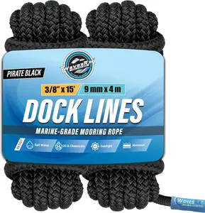 Premium Nylon Boat Dock Lines & Ropes for Docking & Pontoon | Double Braided Marine Rope | Boat Ropes for Docking with Loop | UV & Saltwater Resistant Dock Rope (3/8” x 15’)