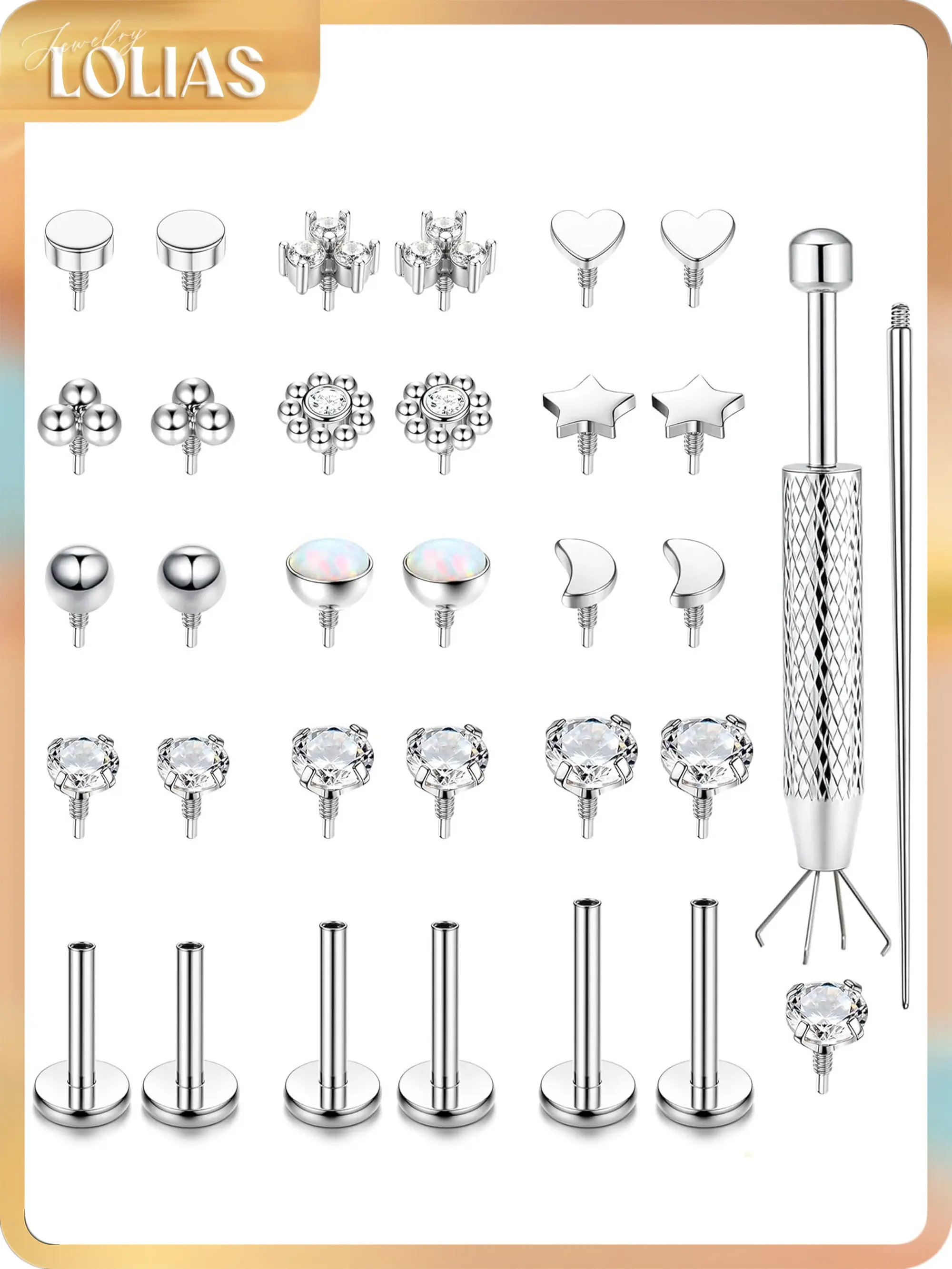 LOLIAS 16G 18G Flat Back Stud Earrings for Women - Hypoallergenic Surgical Steel Internal Thread Stud Piercing Jewelry for Tragus Helix Cartilage Conch Nose 14K Gold Plated Lip Labret Medusa Piercing