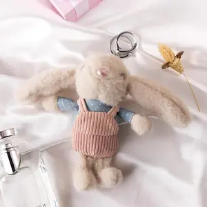 1Pc White 16cm Keychain Decoration,Plush Keychain Overalls Dress-up Long Ear Rabbit Animal Doll Plush Stuffed Bunny Doll Key Chain for Backpacks Accessories ，Animals Car Key Chain