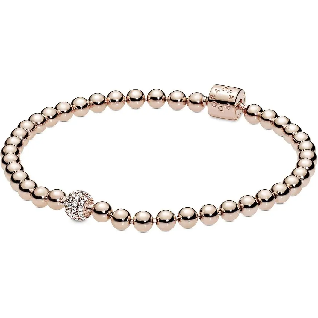 PANDORA Beads & Pave Bracelet - 588342CZ-17, Beaded Chain, Edgy Punk, Metal Blend, Pave Set