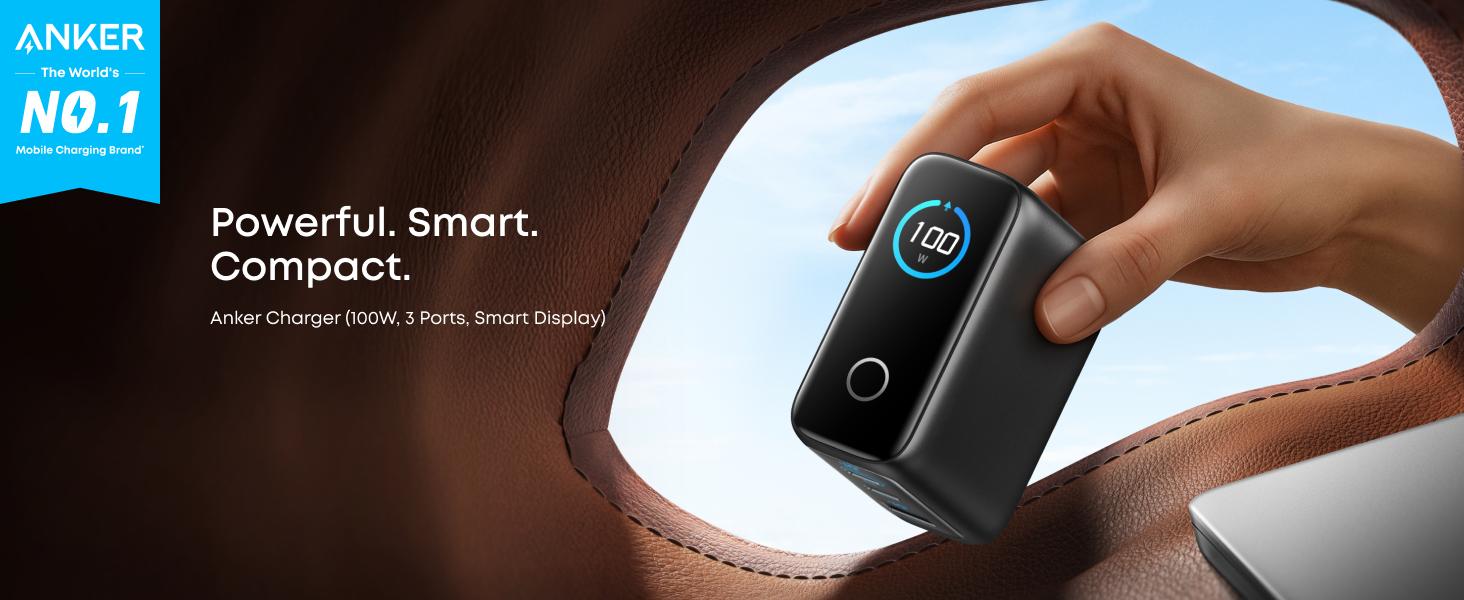 Anker Charger, 100W Max USB C Charger Block, 3-Port GaN and Ultra-Compact Wall Adapter, Smart Display and Touch Control, for MacBook, iPad, iPhone 17/16 Series, andd More (USB-C Cable Included)