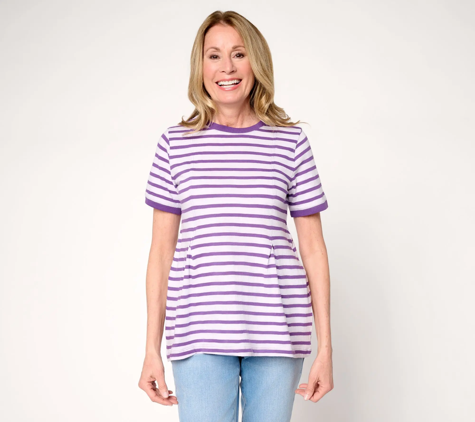 LOGO by Lori Goldstein Cotton Pleated Tee with Contrast Trim