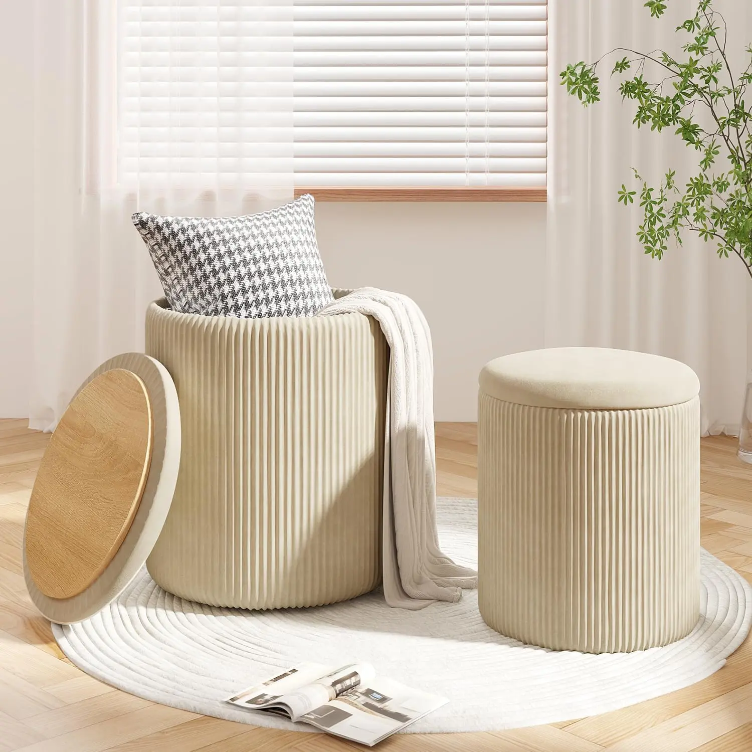 PUKAMI Round Ottoman Vanity Stool with Storage Set of 2, Beige Velvet Round Ottoman with Storage, Multifunctional Round Storage Ottoman Foot Rest, Storage Ottoman Round with Storage for Living Room,dorm essentials,home decor