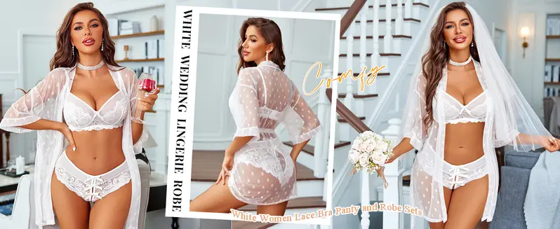 Avidlove Women Lingerie Set 3 Piece Lace Kimono Robe with Bra and Panty Nightgown Sleepwear