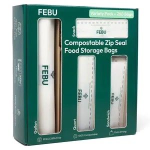 FEBU Compostable Food Storage Bags | PFAS Free, BPA Free, Non-Plastic Zip Seal Bags | Certified Home Compostable & Biodegradable | Leak-Proof & Resealable | Eco-Friendly Plant-Based Kitchen Bags