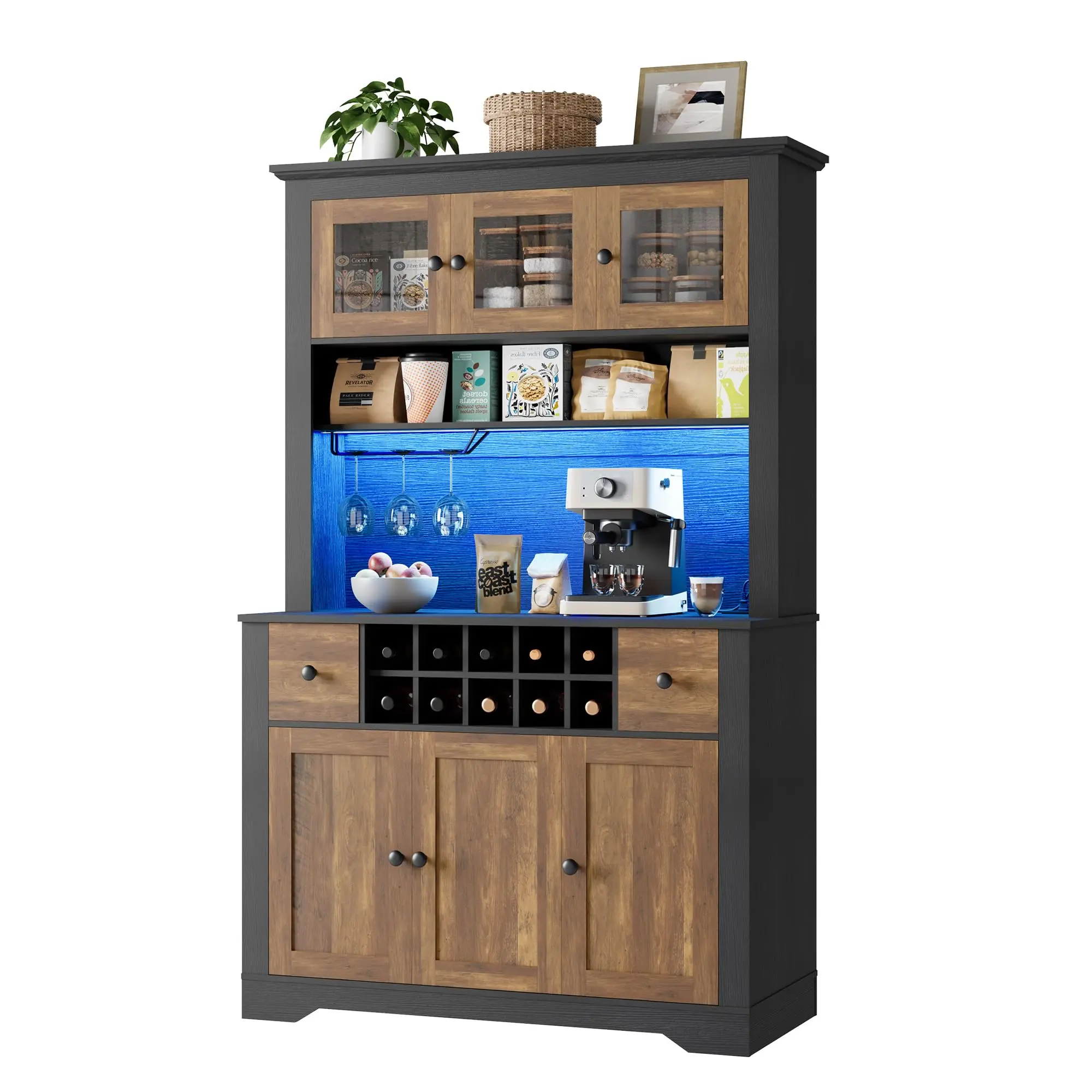 Garvee 68.7 " Pantry Cabinet with LED Light and Charging Station, Kitchen Pantry Storage Cabinet with Countertop, Large Kitchen Hutch with Storage Drawers & Adjustable Shelves for Dining Room, Living Room