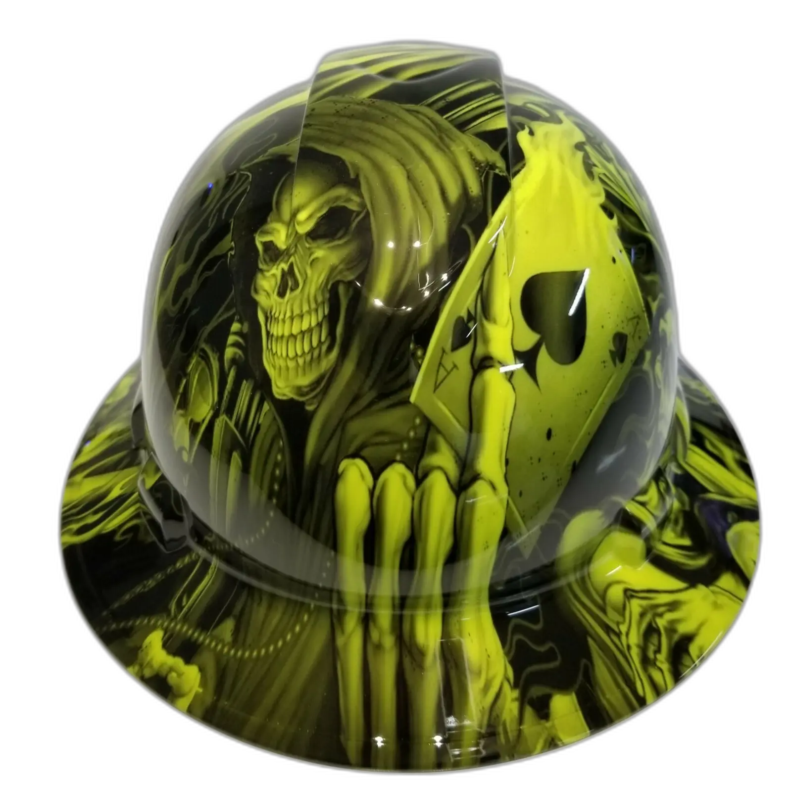 Neon Green Reaper Ace of Spades - Custom Hydro Dipped Full Brim Hard Hat