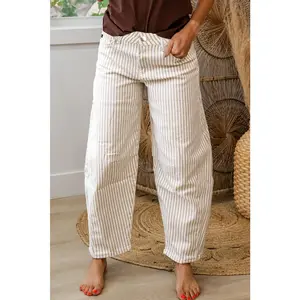 Khaki Stripe Casual Barrel Jeans