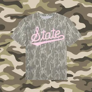 Pink State Letter Graphic Tee - Mossy Oak Original Bottomland Camo | Vintage Washed Out Short Sleeve Shirt | Retro Outdoor Streetwear & Hunting Style | Premium Camo Tee