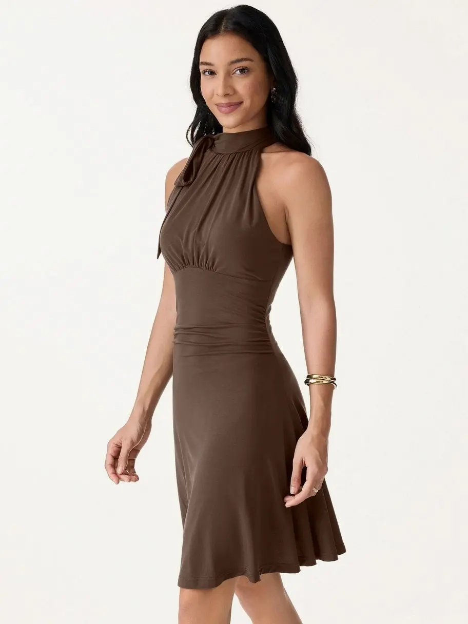 Milky Matte Mockneck Bow Tie Ruched Mini Bra Dress