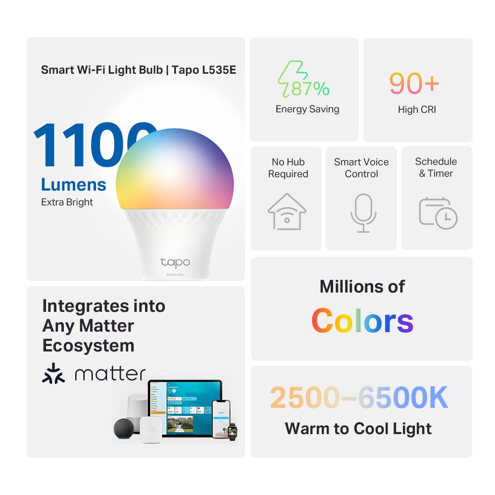 TP-Link & Tapo L535E(2-Pack) Smart WiFi Light Bulbs, 1100 Lumens High Brightness (75W Equivalent), Matter-Certified, 16M Colors WiFi Light Bulb, Dimmable, Alexa & Google Compatible  Rgb Colorful Led