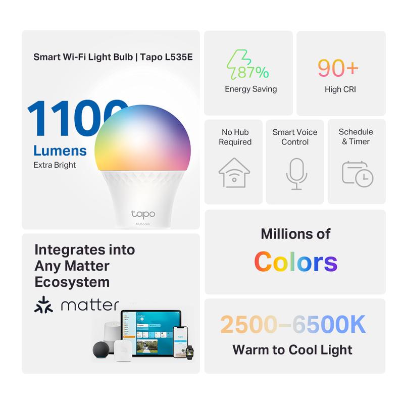TP-Link & Tapo L535E(2-Pack) Smart WiFi Light Bulbs, 1100 Lumens High Brightness (75W Equivalent), Matter-Certified, 16M Colors WiFi Light Bulb, Dimmable, Alexa & Google Compatible Rgb Colorful Led TP-Link & Tapo L535E(2-Pack) Smart WiFi Light Bulbs, 1100 Lumens High Brightness (75W Equivalent), Matter-Certified, 16M Colors WiFi Light Bulb, Dimmable, Alexa & Google Compatible Rgb Colorful Led
