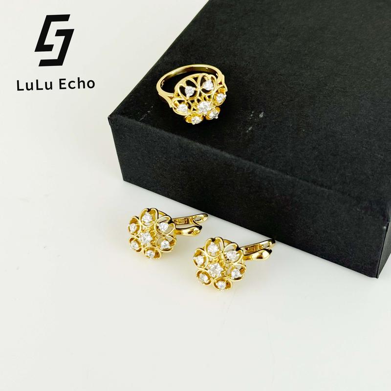 LuLuEcho New Fashion Jewelry Set 14K Gold Plated with Elegant Floral Earrings & Ring for Women's Modern Style
