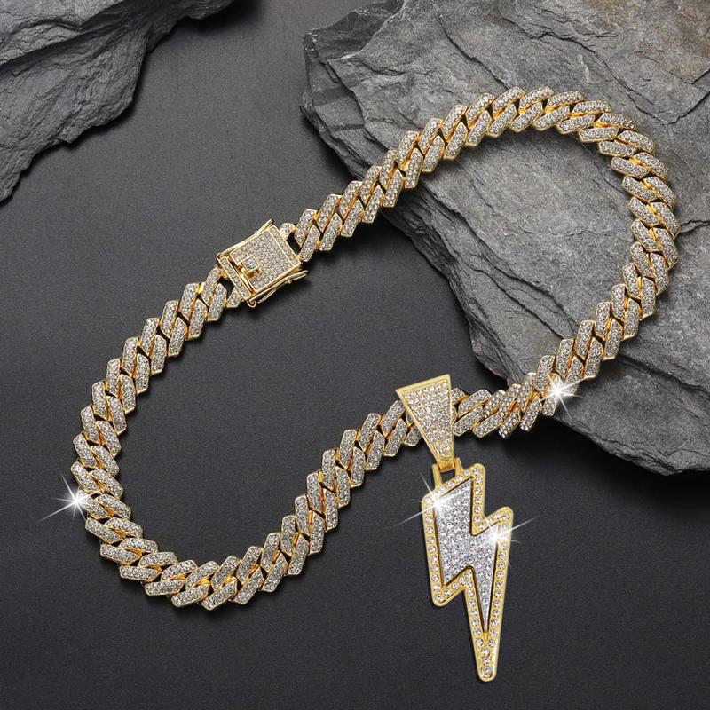 Bling Lightning Bolt Necklace Thick Cuban Link Chain Rapper Hip Hop Costume Jewelry with Sparkly Lightning Charms for Men Women Hip Hop Jewelry