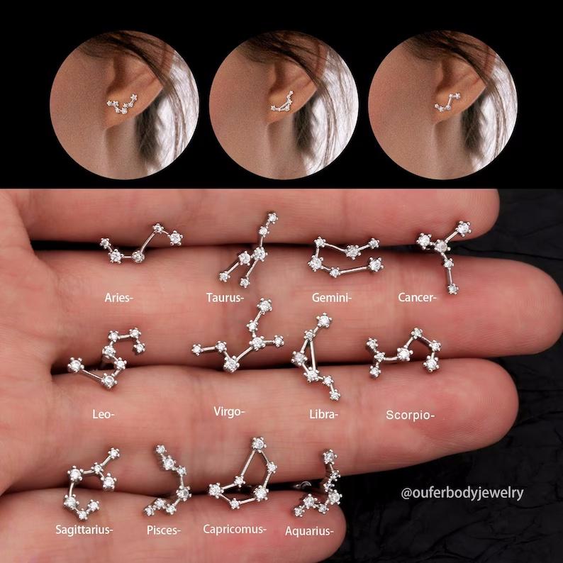 Oufer 16G Zodiac Sign Twelve Star Constellation Cartilage Lobe Earring Stud  Aries, Taurus, Gemini, Cancer, Leo, Virgo, Libra, Scorpio, Sagittarius, Capricorn, Aquarius in 316L Stainless Steel