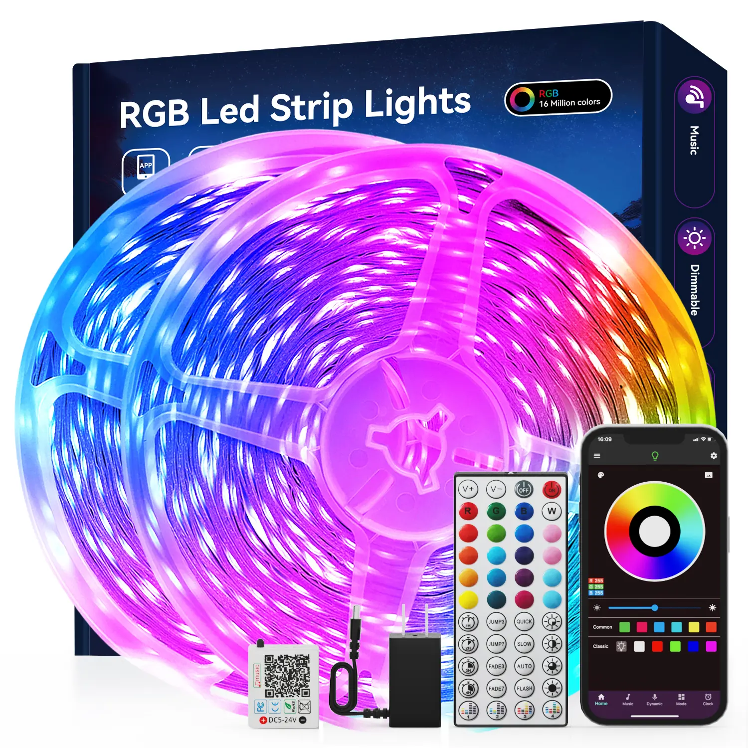 RGB Smart LED Light Strips with App & Remote Control, Music Sync Color Changing, for Bedroom, College Dorm Room Decor, Cool Stuff for Room, Indoor Home Improvement Lighting, Lights For Bedroom