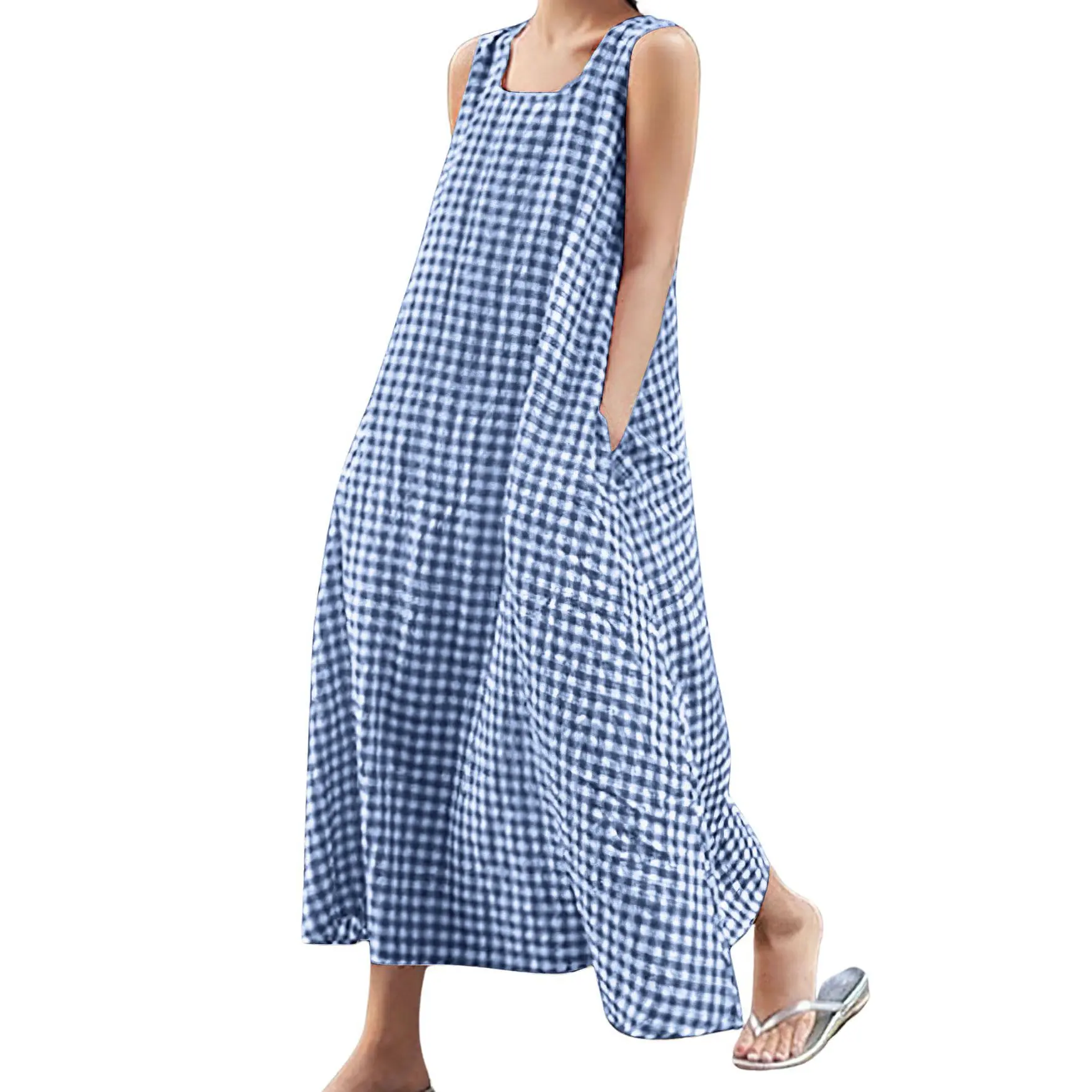 CHOUYATOU Boho Clothes for Women, Lady's Plaid Cotton Sundresses, Loose Fit Maxi with Spaghetti Straps and Pockets, Casual Wear, Chic, Sundresses For Women, Maxi Dress For Women