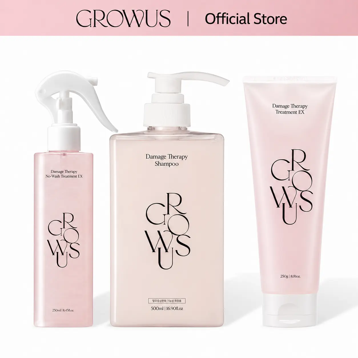 3-Step Glassy Hair Complete Routine Set for Dry, Damaged & Frizzy Hair | Marine Peptide, Ceramide, Keratin & Collagen | Shampoo + Treatment + Leave-in Spray with Heat Protection | GROWUS