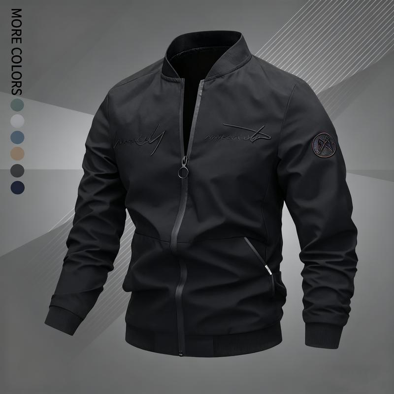 Men's Letter Embroidered Pilot Jacket, Casual Coat, Four-Season Fashionable Outerwear, Suitable for Daily, Home, Outdoor, Work Settings