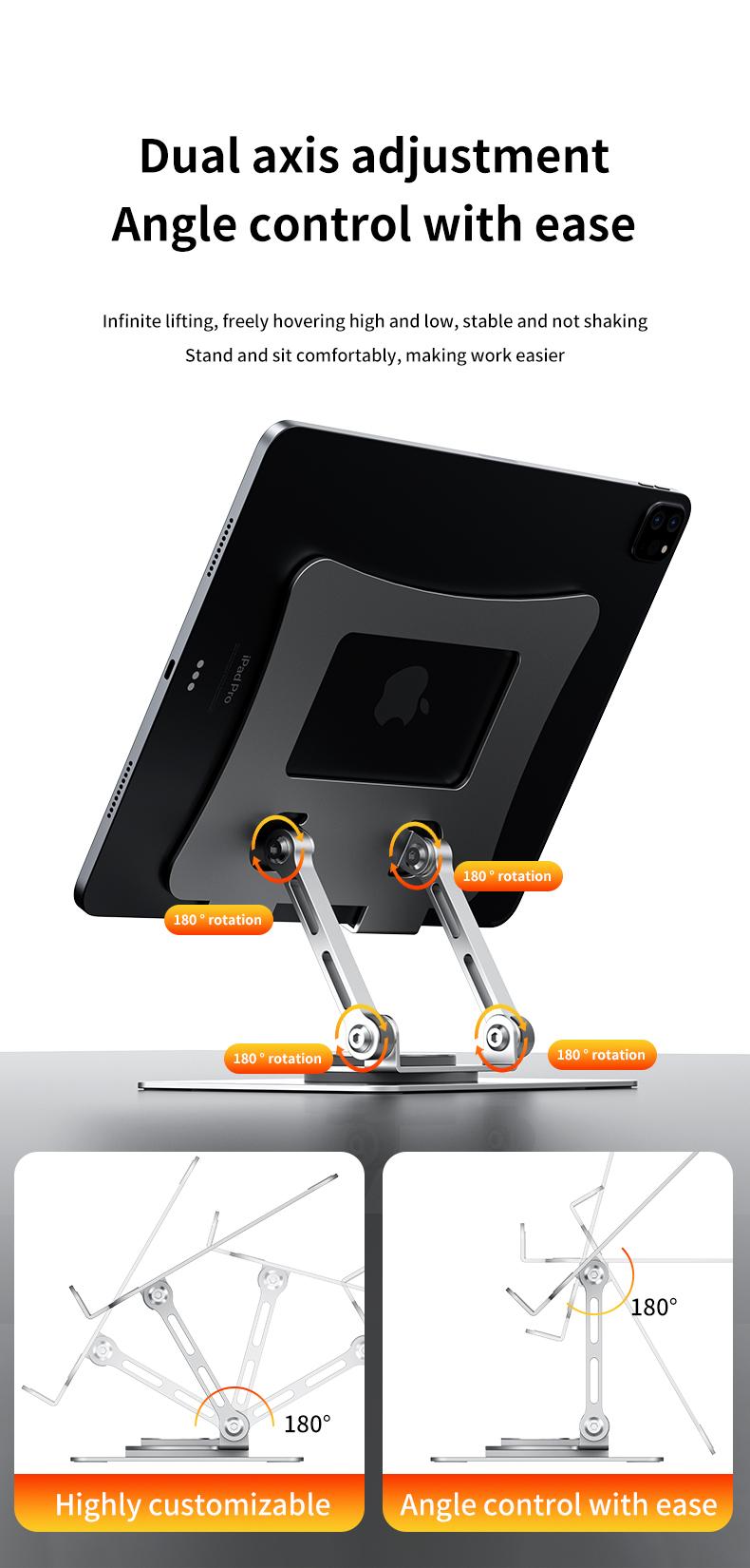 Portable Rotatable Metal Tablet Stand Foldable Adjustable Height Desktop Bracket for 4.7 to 12.9 Inch Devices 360-Degree Rotation Durable Construction Lightweight Foldable Design with Strong Damping Design