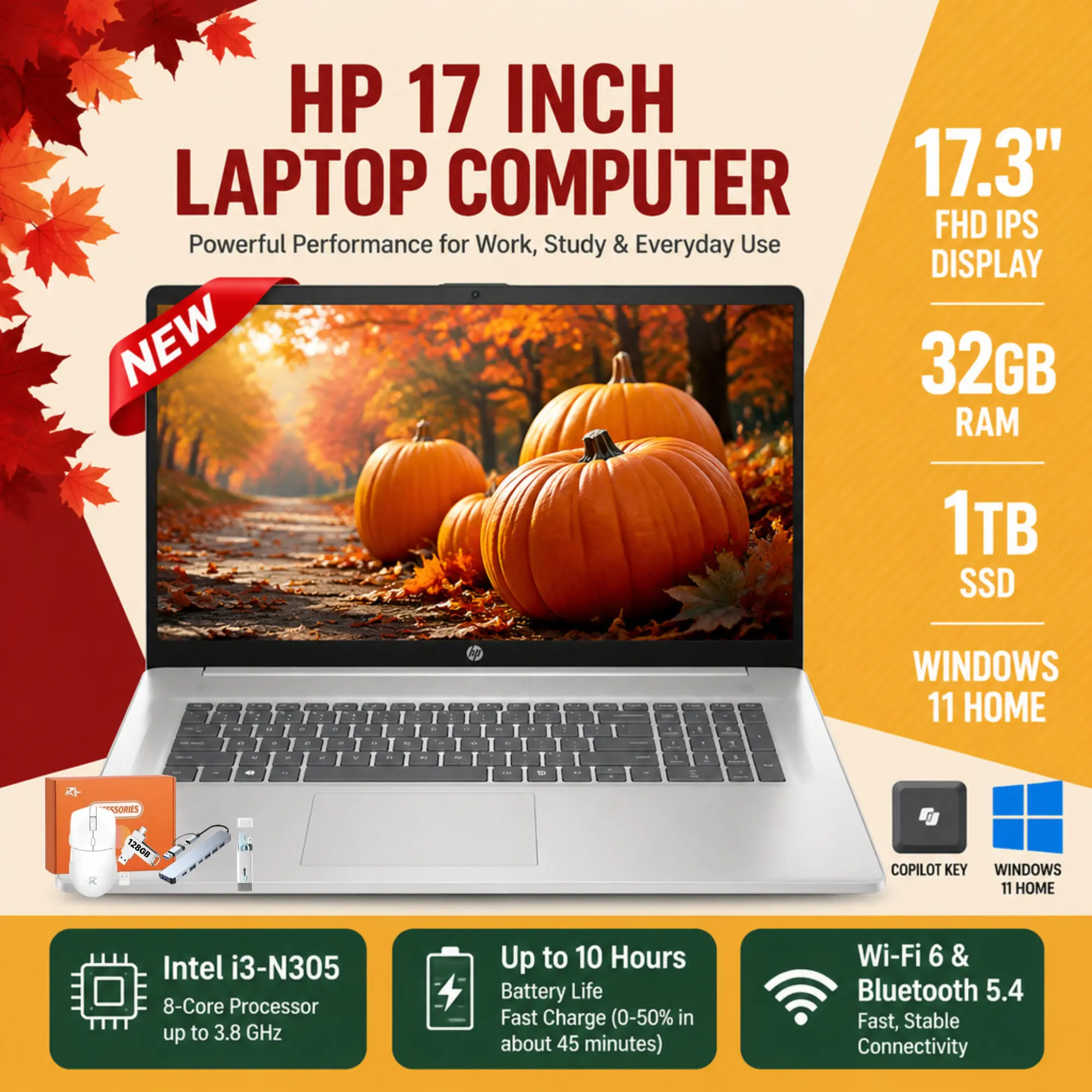 HP 17.3" FHD IPS Laptop, 8-Core Intel i3-N305, Up to 32GB RAM, 1TB SSD, Windows 11 Home, Fast Charge, WiFi 6, Bluetooth 5.4, HD Webcam, Bundled Accessories Included, Laptops for Students & Business